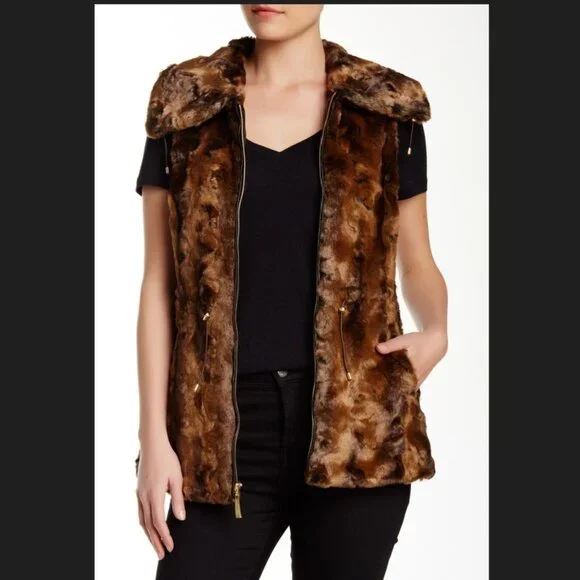 Ellen Tracy NEW VEST Crushed Faux Fur Women's L Drawstring Waist BROWN BLACK NWT - Picture 1 of 16